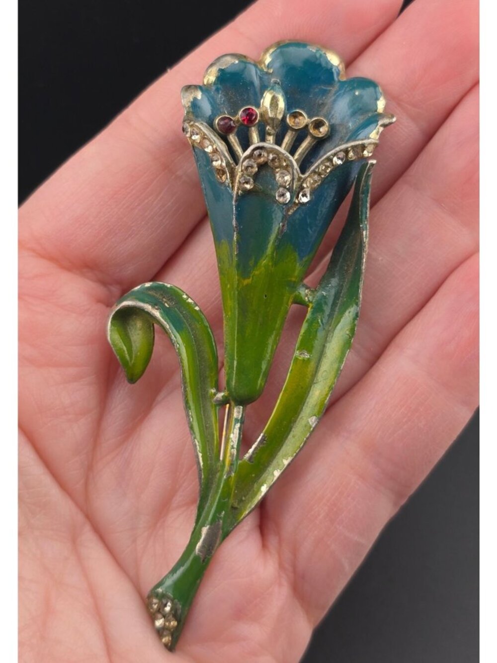 Vintage Pot Metal Brooch Blue and Green Enamel READ
